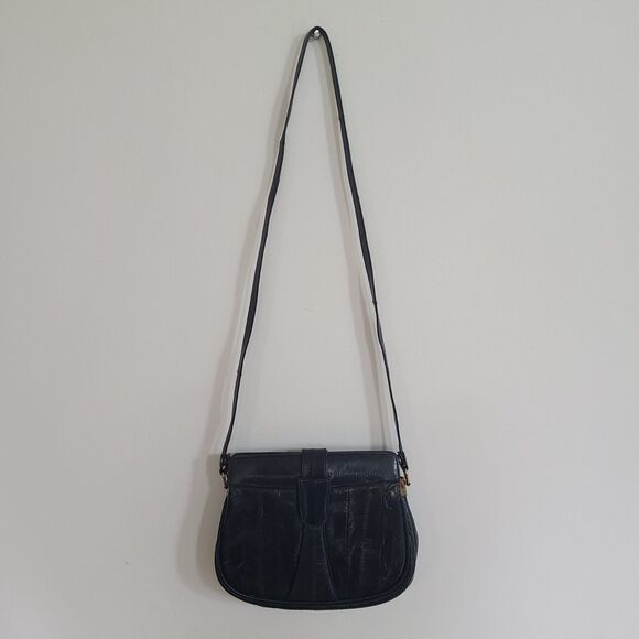 Vintage Retro 80s Genuine Eel Skin Navy Leather Handbag Shoulder Bag Purse - Picture 9 of 10